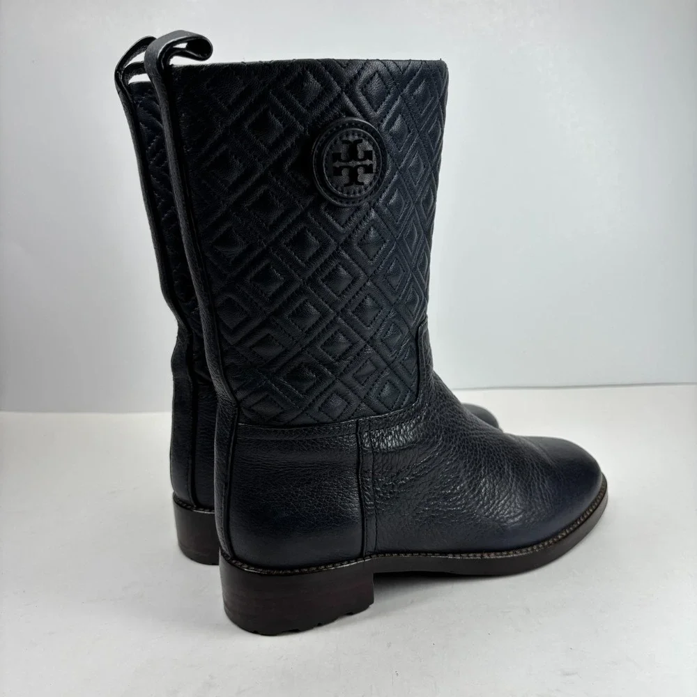 Tory Burch Marion Women's US 8M Quilted Black Leather Mid-Calf‎ Boots Equestrian